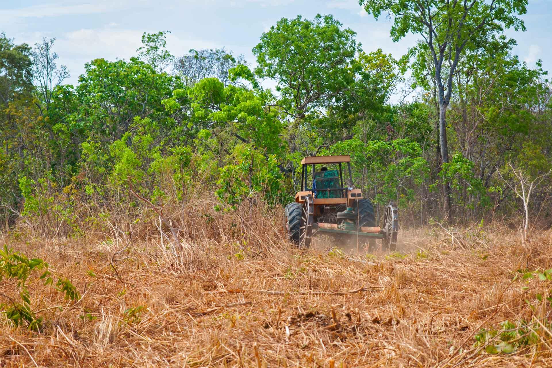 Agricultural tractor setting up pasture land stock photo