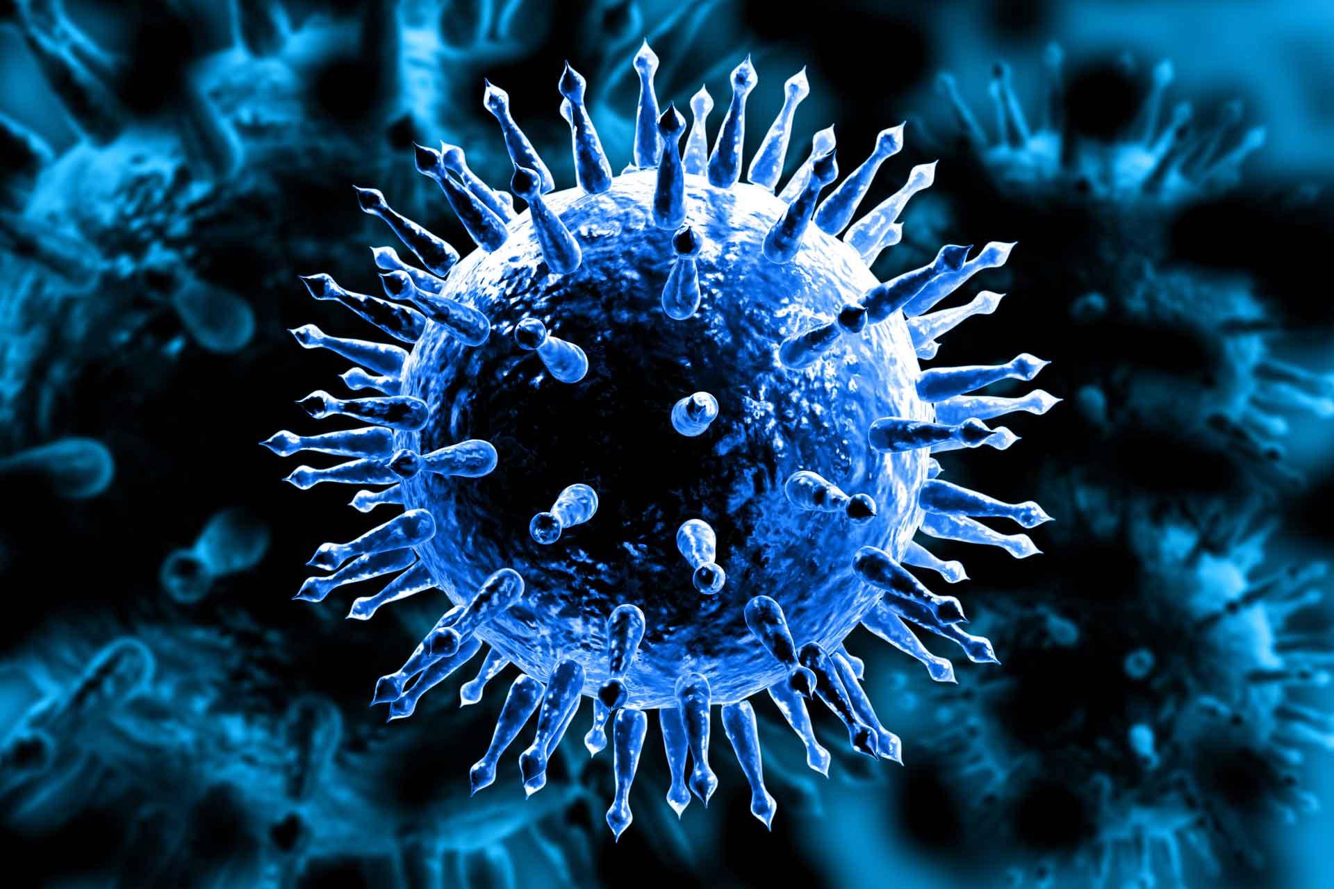 a blue graphic representation of the influenza virus