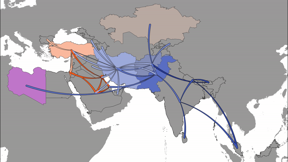 A map showing the spread of foot-and-mouth disease virus variants across Asia